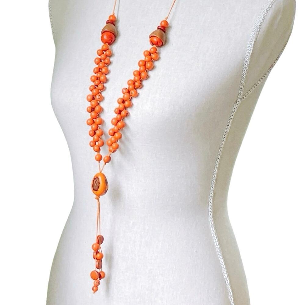 VTG 1970s Tagua Nut Wood Necklace Boho Artisan Long Natural Statement Jewelry
